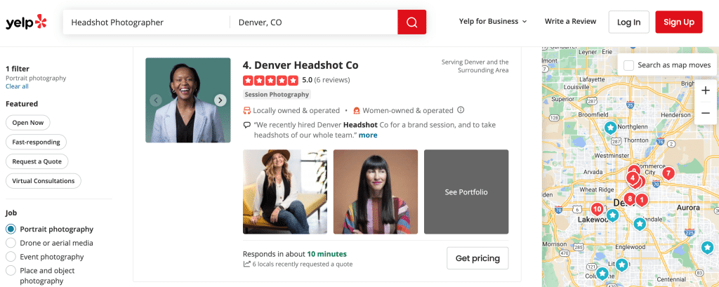 Example of SEO Citations featuring a Yelp listing of Denver Headshots Companies with a Map and Reviews 