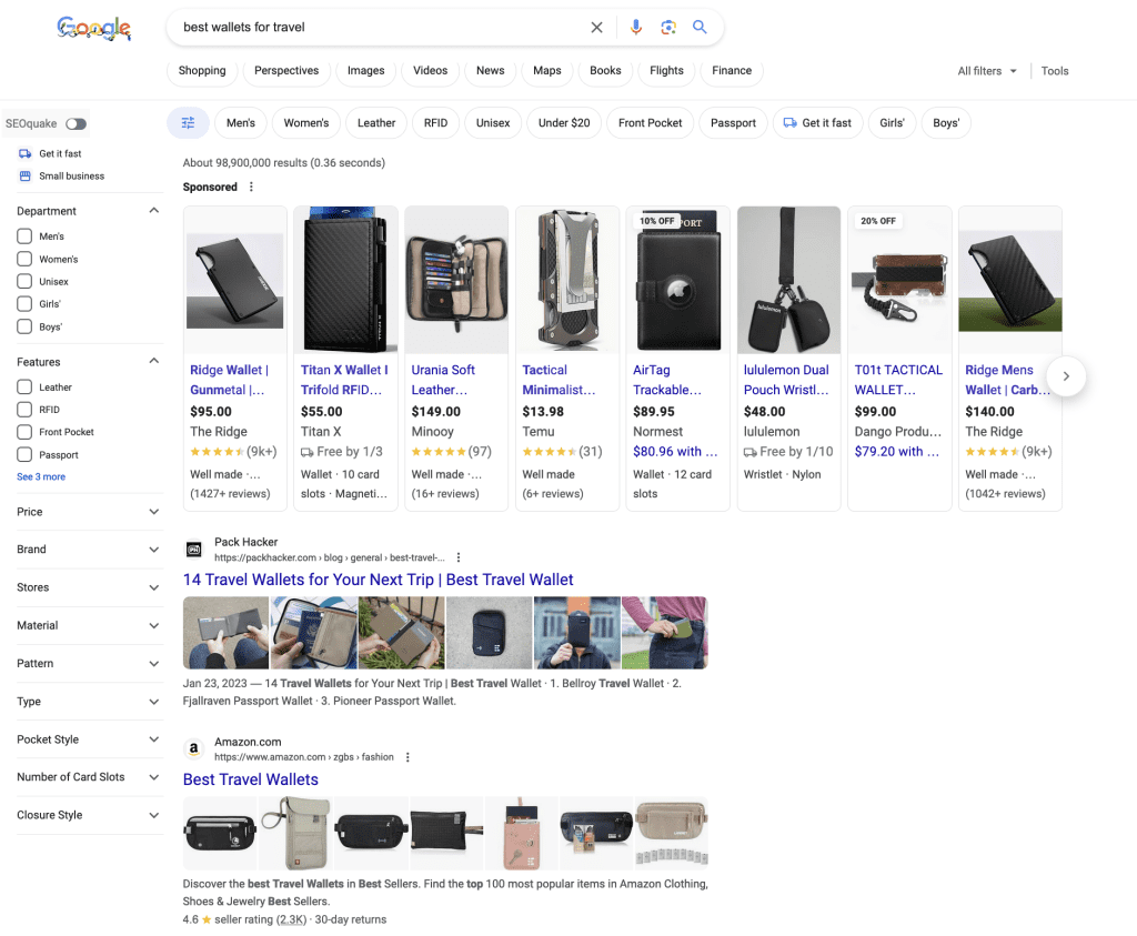 A screenshot of a shopping intent query on Google displaying shopping network results and organic search results.