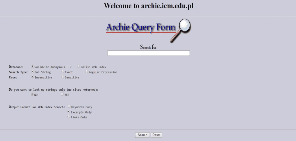 Screenshot of Archie, the first search engine, showcasing its basic interface and text-based search capabilities.