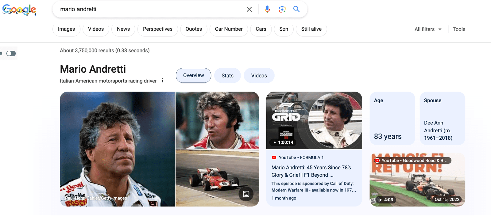 Google search result displaying the knowledge panel for Mario Andretti