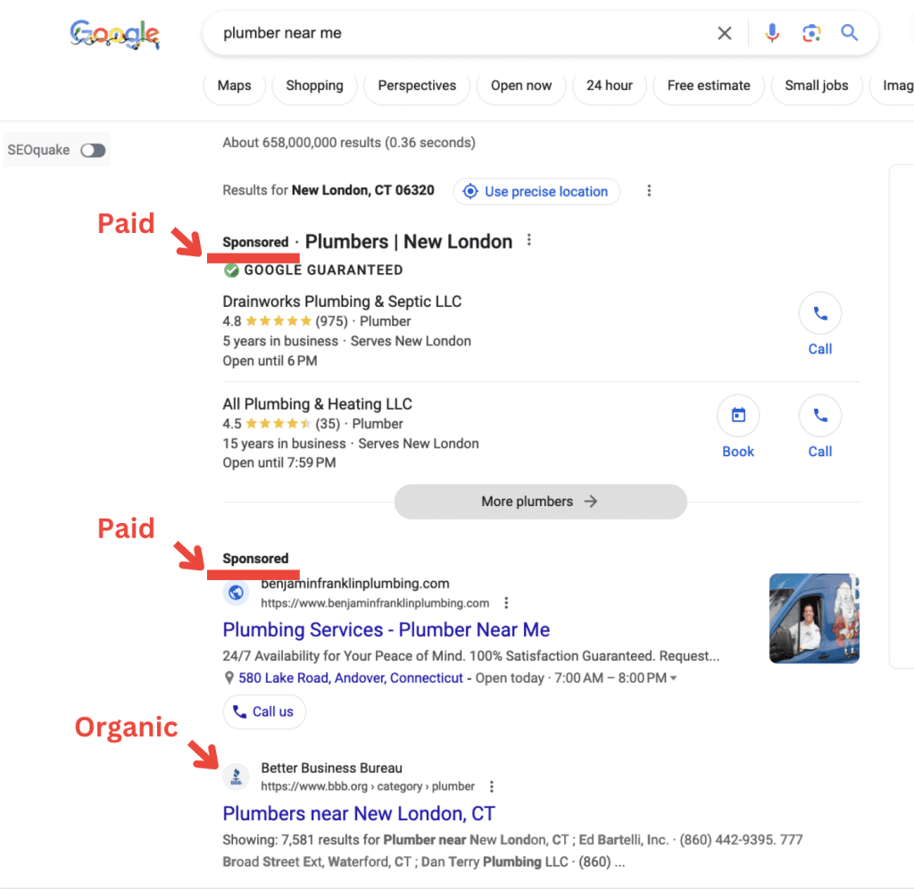 Screenshot displaying the difference between paid and organic search results on Google.