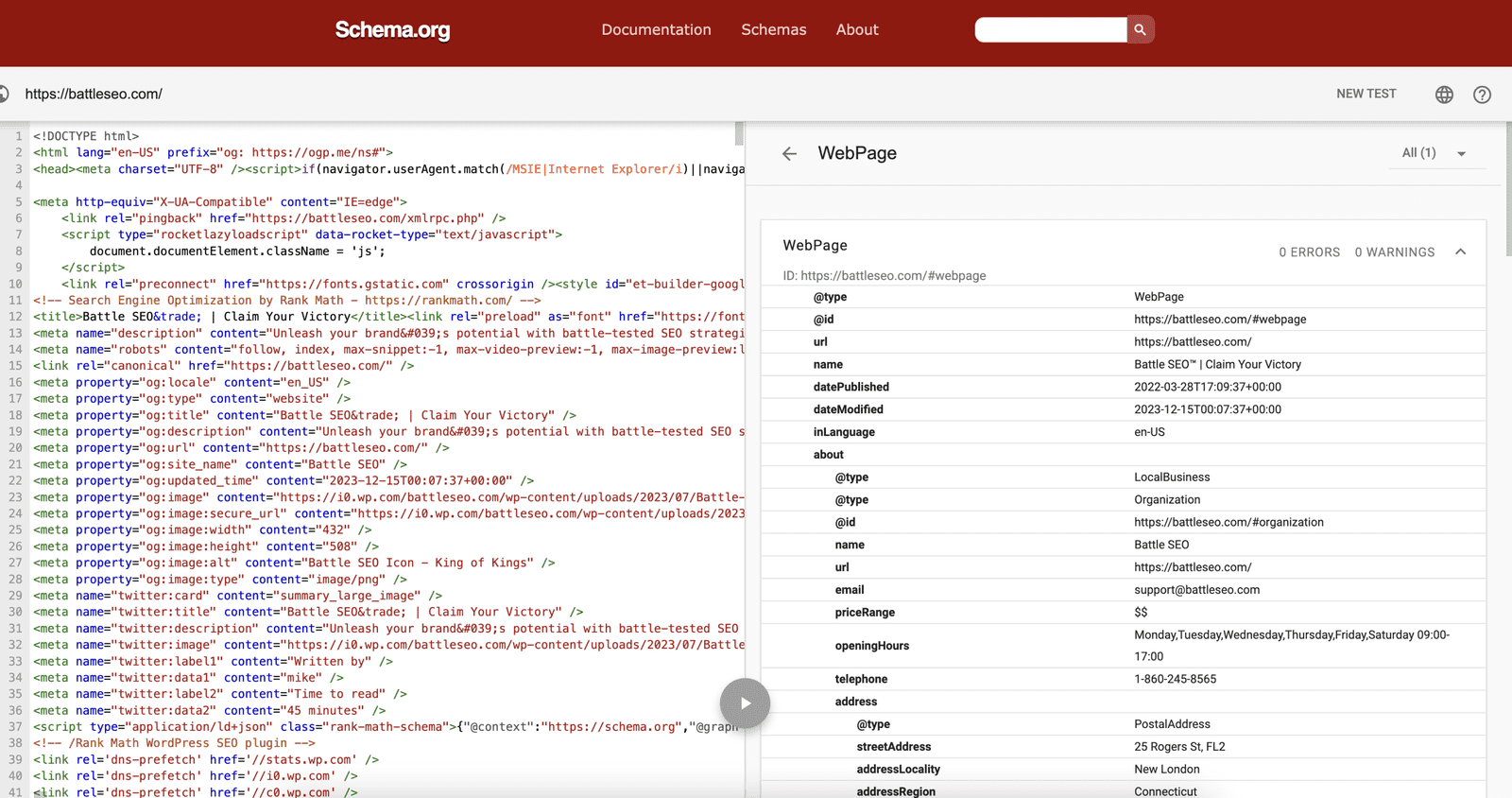 Screenshot of Schema.org validation for local business website schema code.