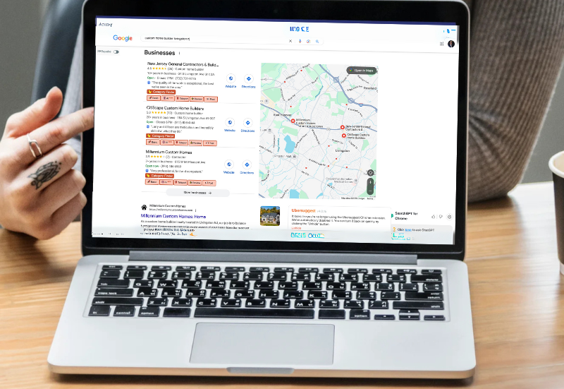 Person pointing at Google search results for custom home builders on a laptop screen.