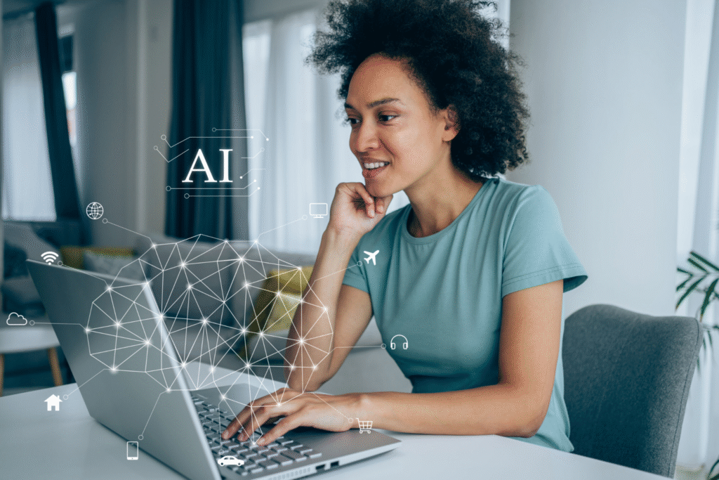 Woman using a laptop with AI graphics and network icons overlayed.