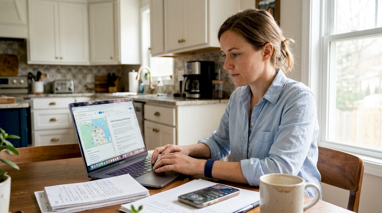 Woman working on local SEO content at home table