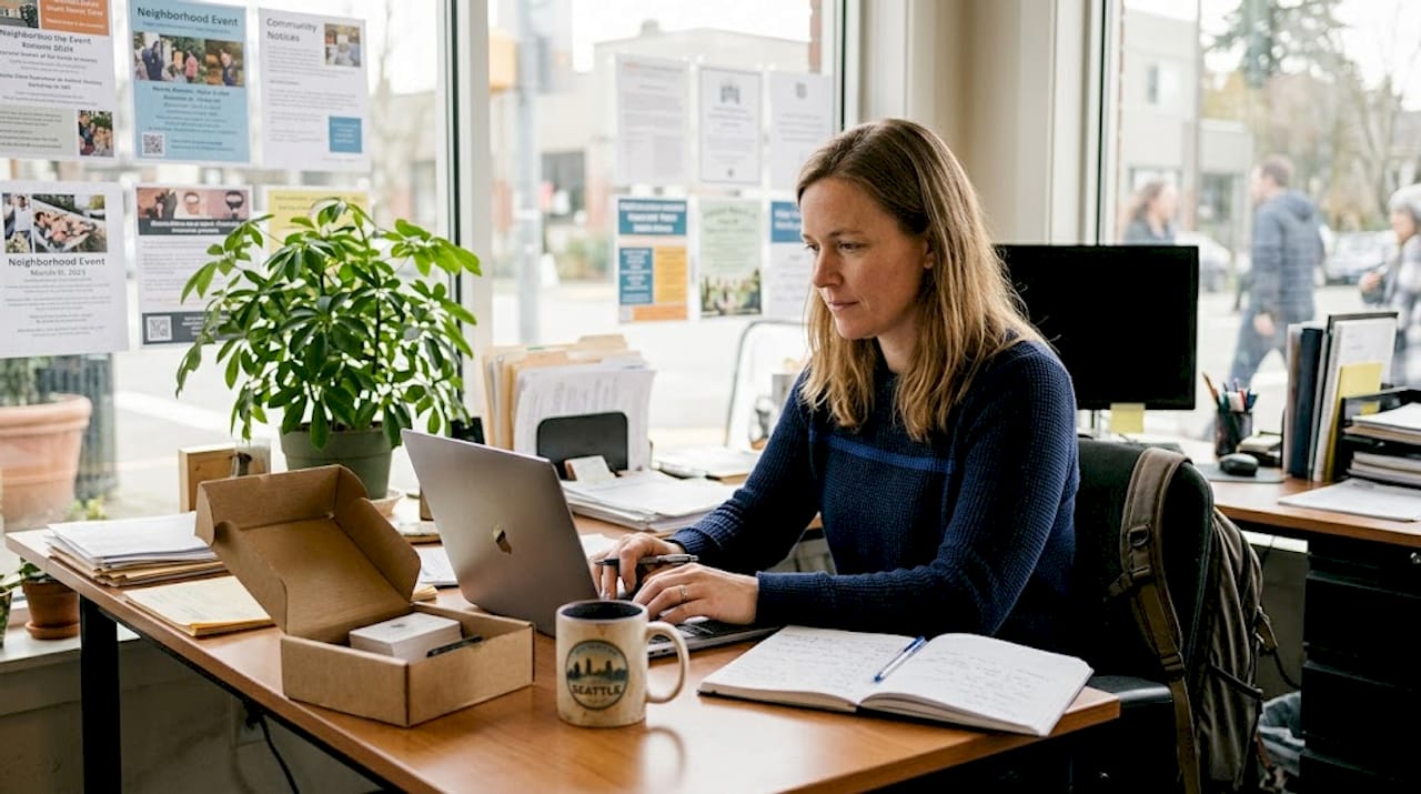 Local business owner working at shared desk