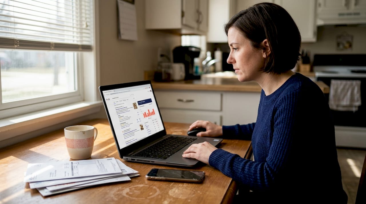 Business owner reviews AI search results at kitchen table