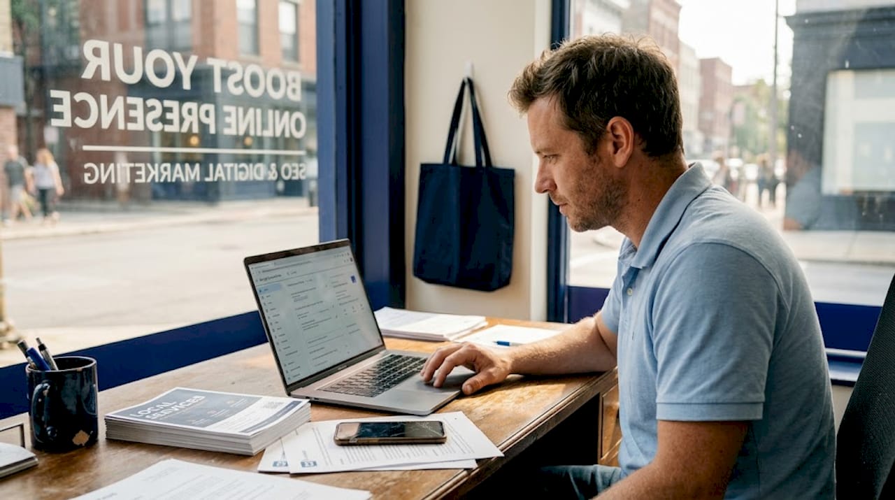 Business owner updating local profile at desk