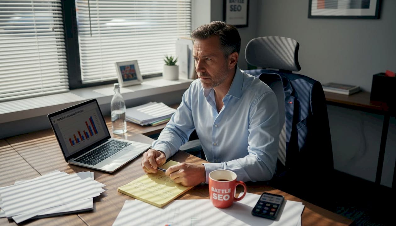 Business owner reviewing SEO strategy report