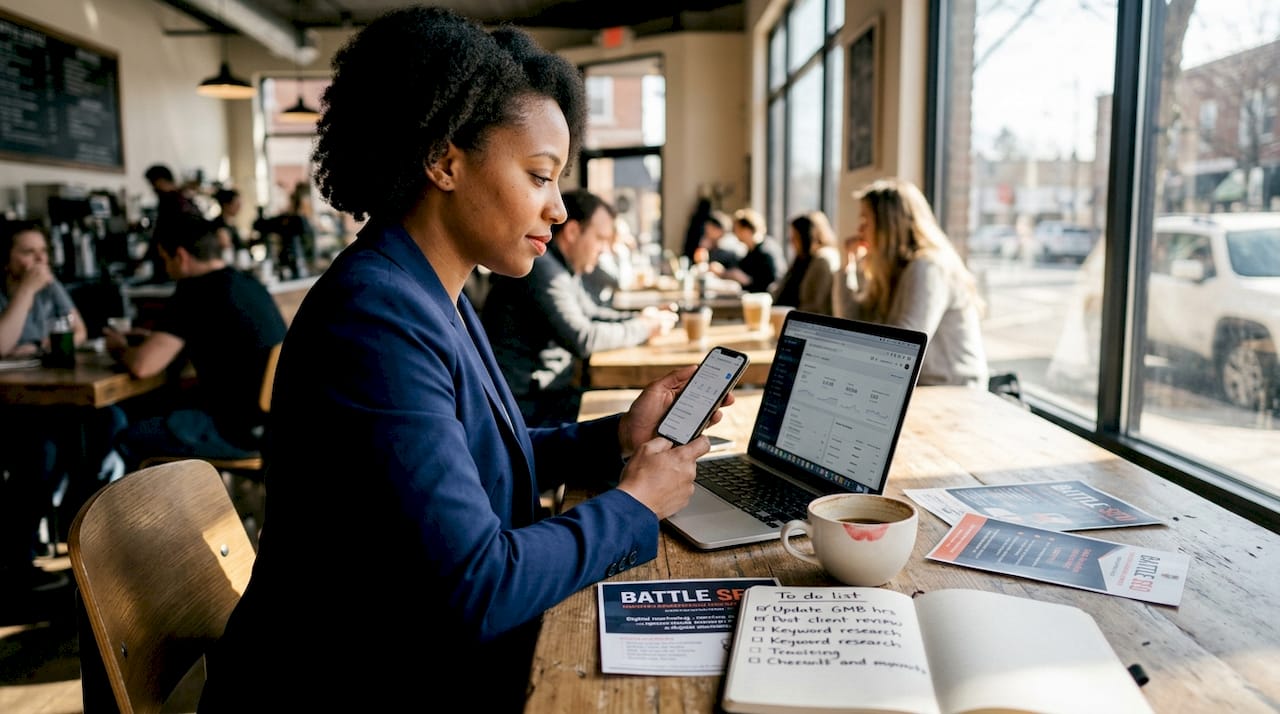 Small business owner using AI SEO in café