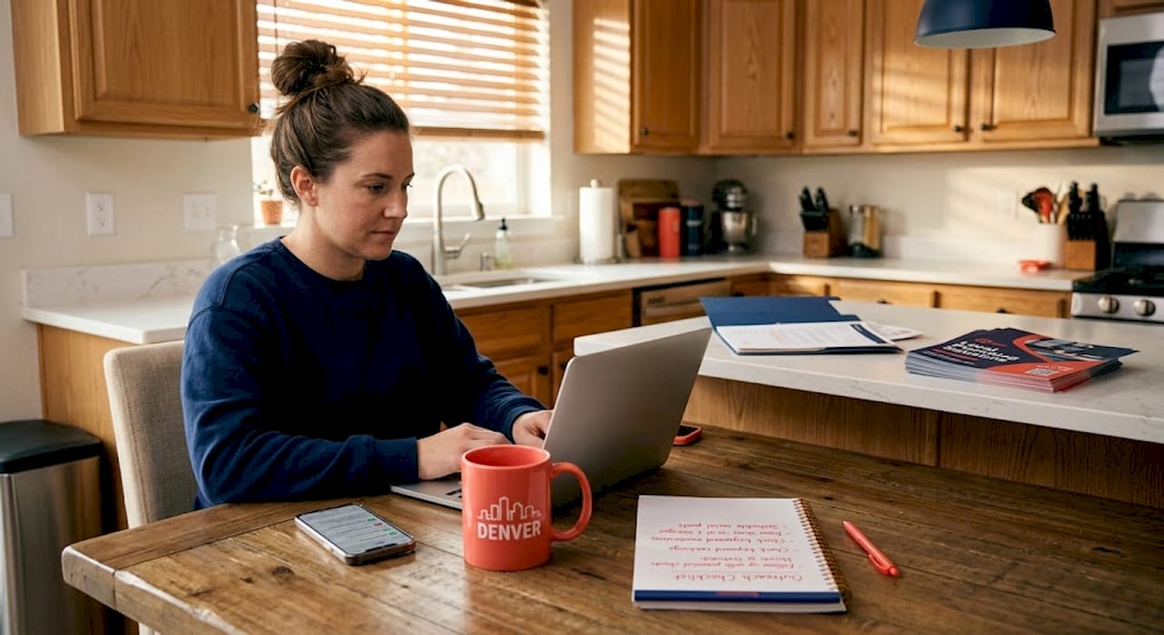 Business owner researching local SEO links at kitchen table