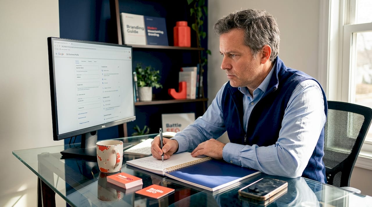 Business owner updating Google profile at desk