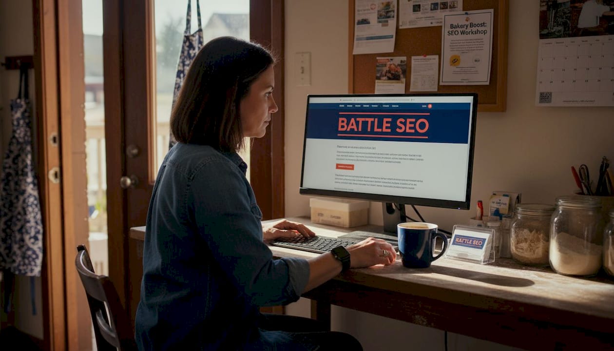 Bakery owner updates website at small workstation
