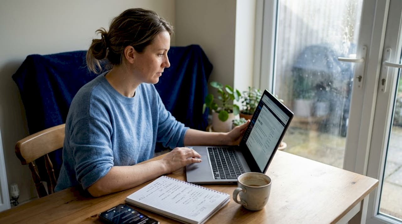 Business owner updates website at kitchen table
