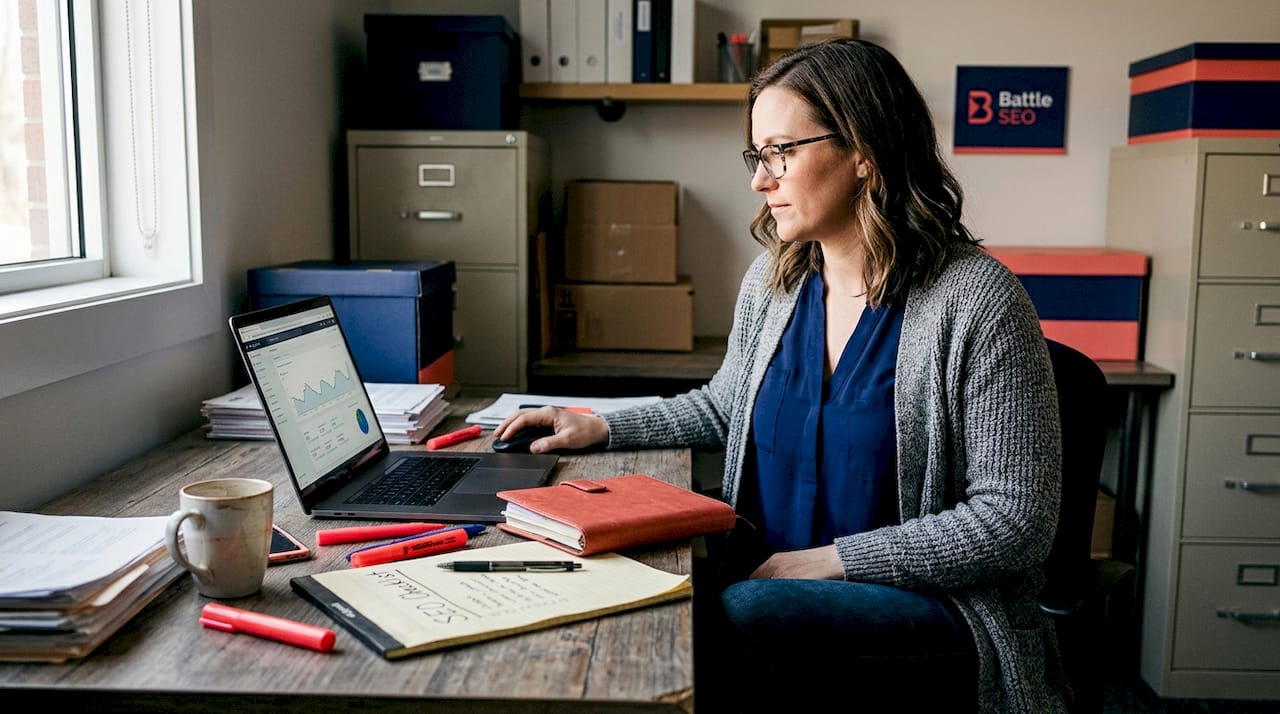 Business owner reviewing website SEO checklist