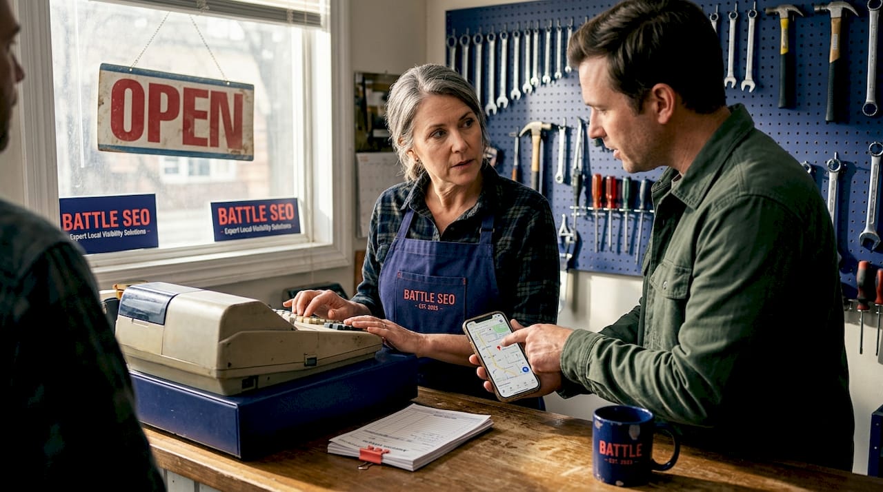 Shop owner helping customer with directions