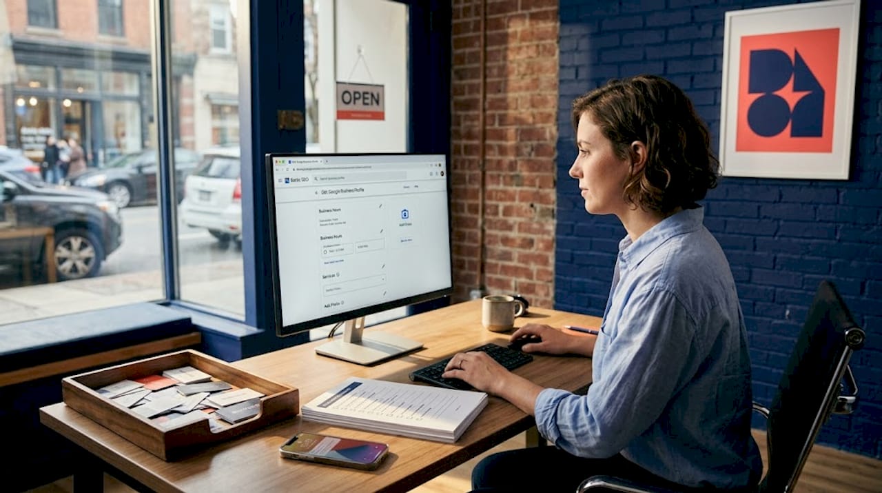 Business owner updating SEO profile in shop