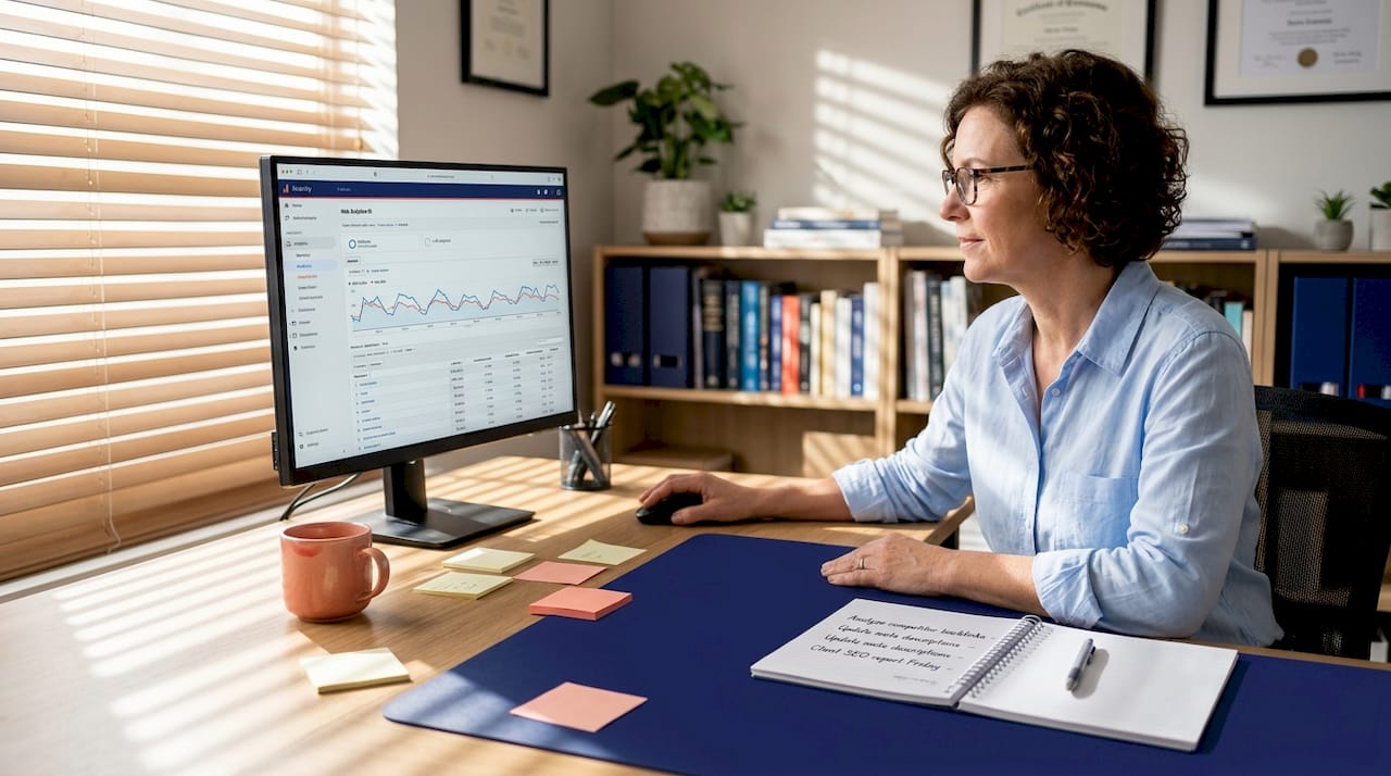 Business owner reviewing SEO strategy in home office