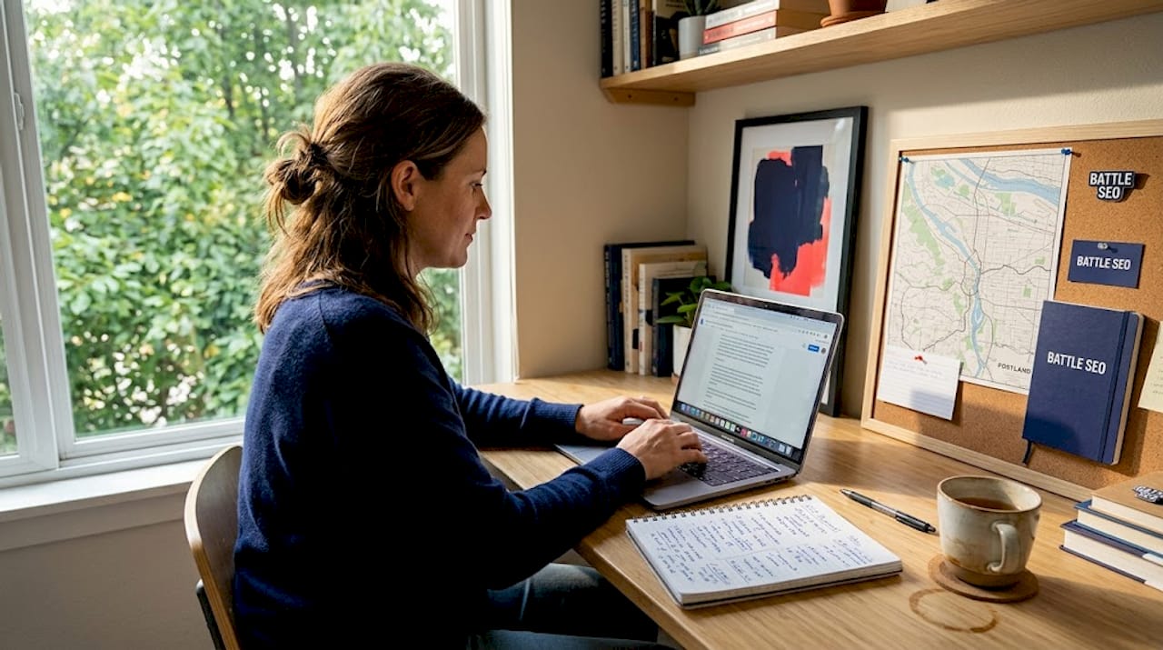 Writer creating local SEO content at home desk