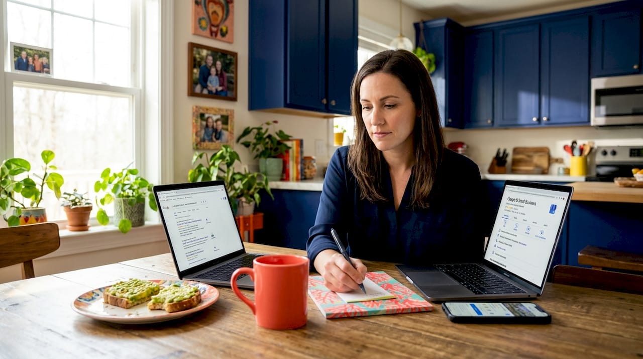Business owner checking local SEO results at kitchen table