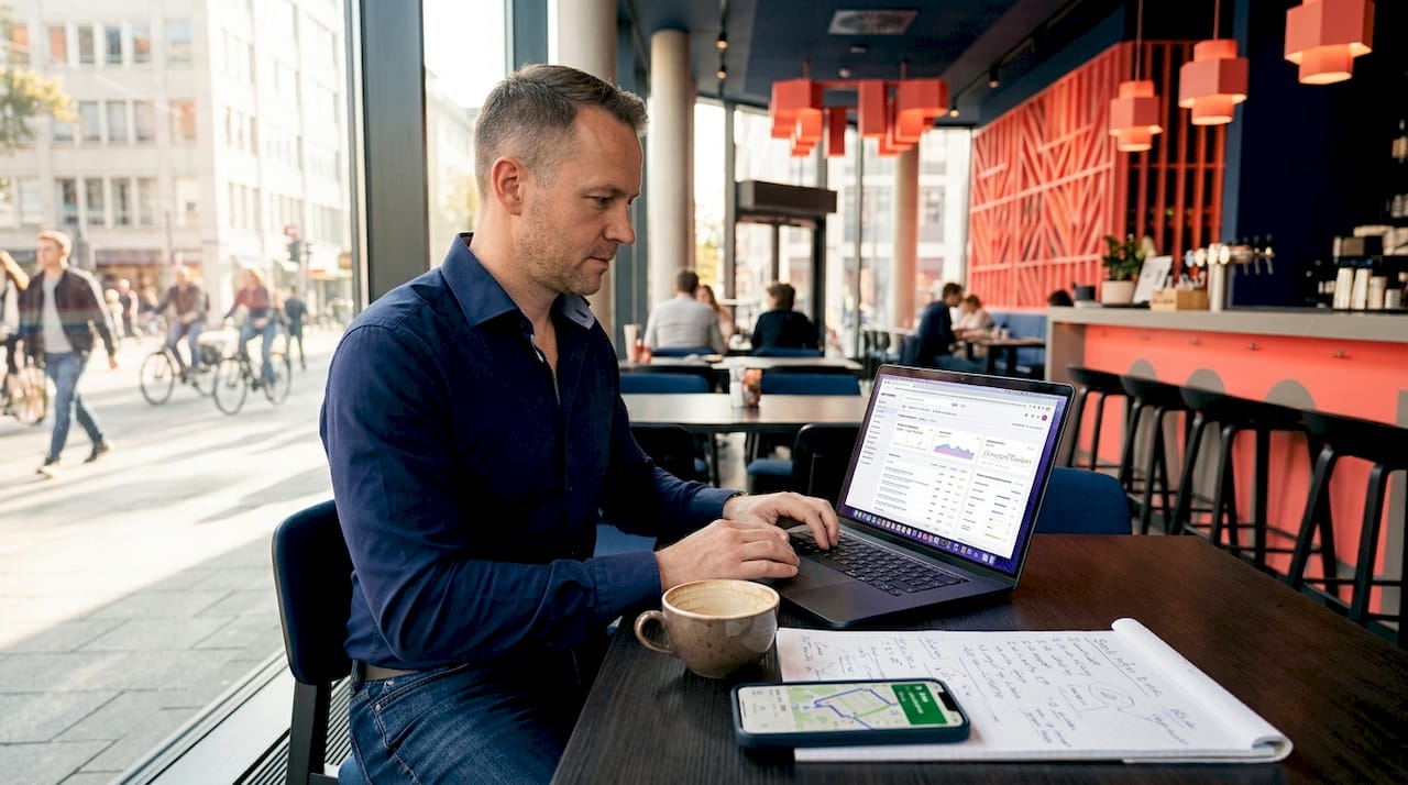 Business owner comparing AI search results in café