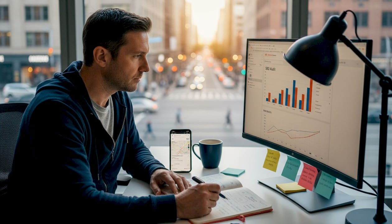 Consultant reviewing SEO audit results at home desk