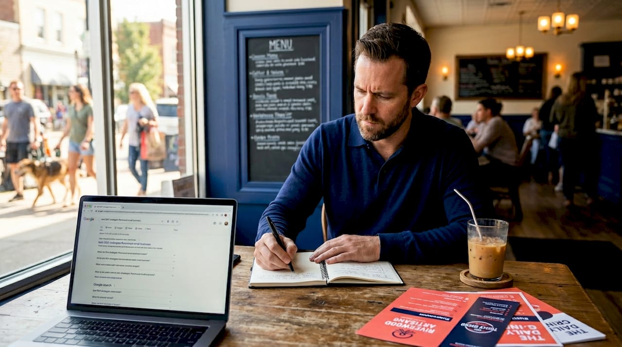Business owner studying Google ranking in office