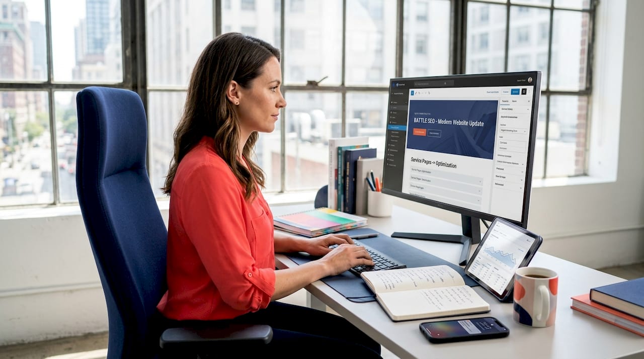 Business owner working on SEO at home desk