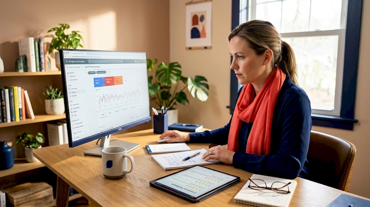 1778770365472_Business-owner-reviewing-SEO-audit-tools-at-desk Business owner reviewing SEO audit tools at desk