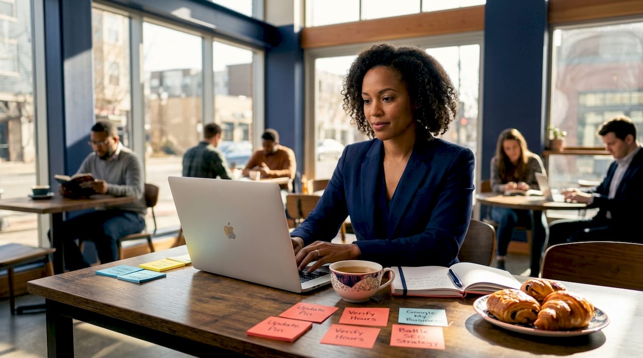 Business owner updating location info online at desk