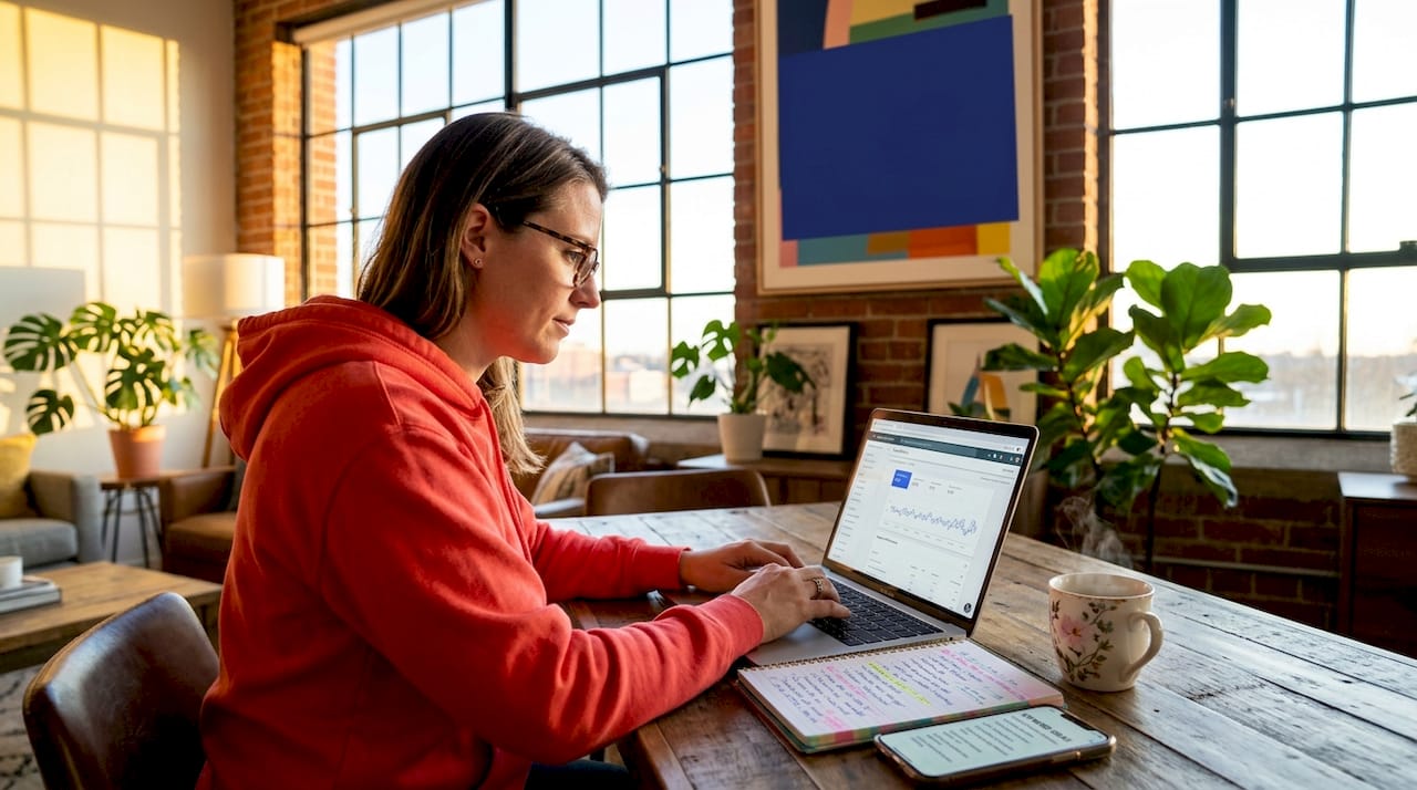 Writer working on SEO content at dining table