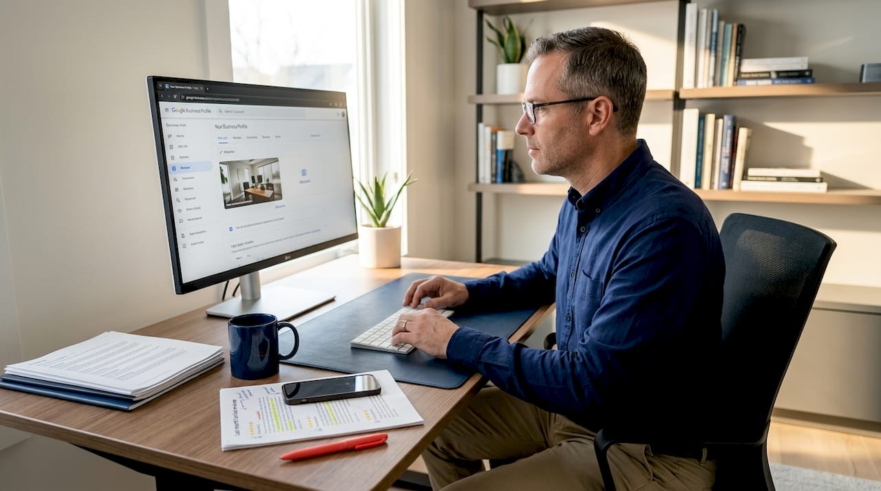 Business owner updating Google profile at desk