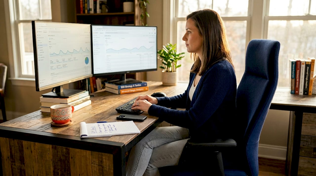 Manager reviewing SEO analytics dashboard at desk