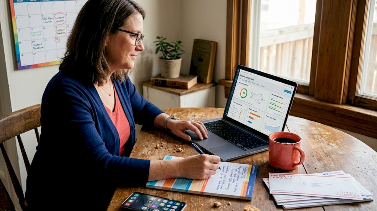 Small business owner conducting SEO audit at kitchen table