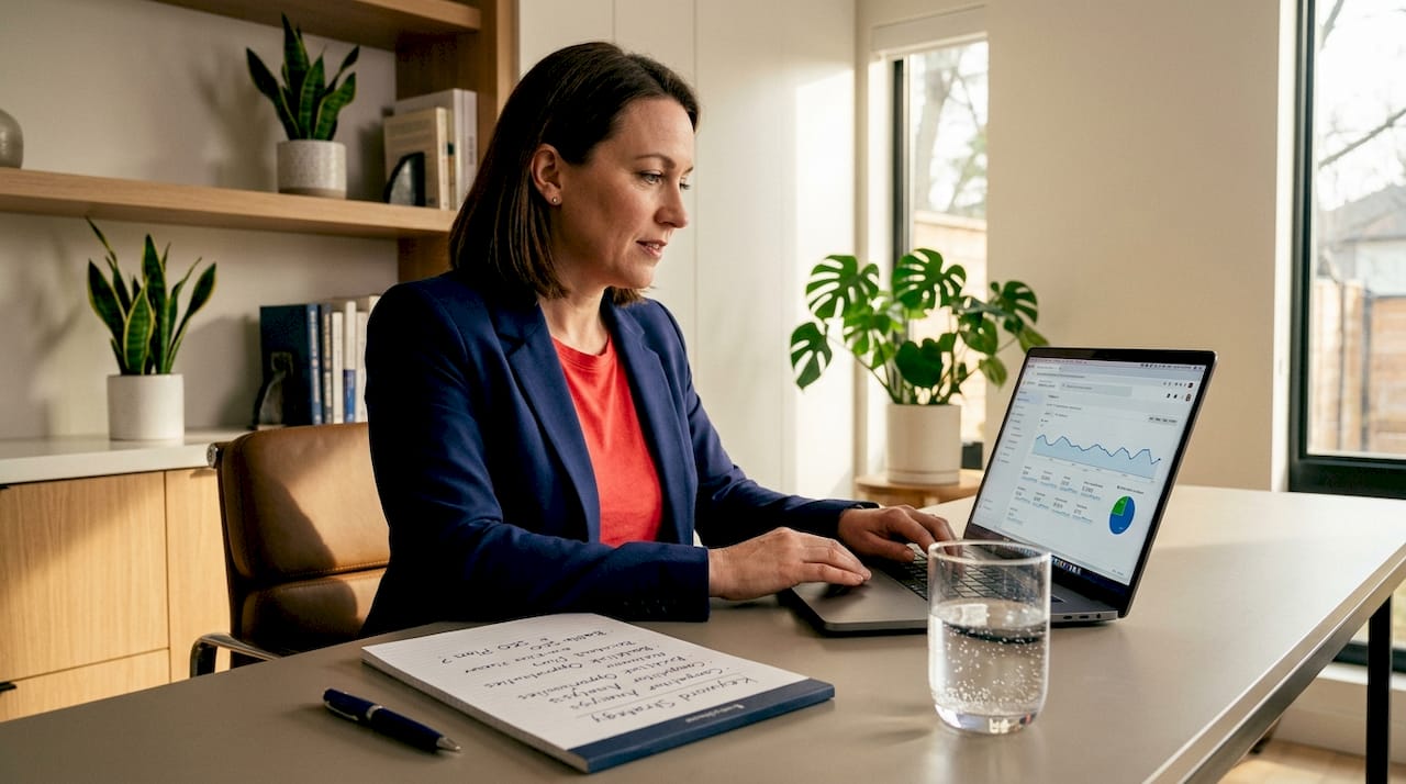 Business owner reviewing web analytics for SEO