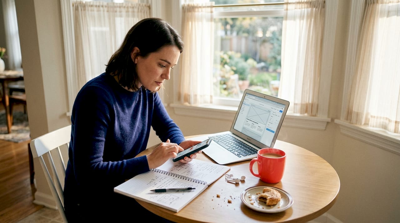 Web designer checks mobile site on phone at kitchen table