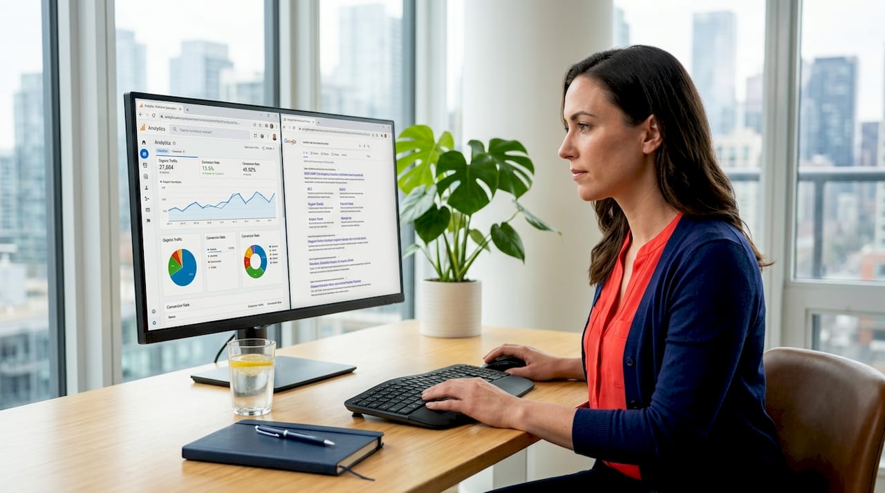 Marketing manager reviewing SEO analytics at desk