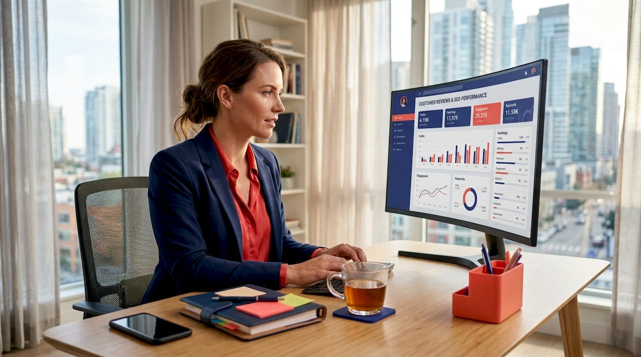Person analyzing customer reviews for SEO in home office