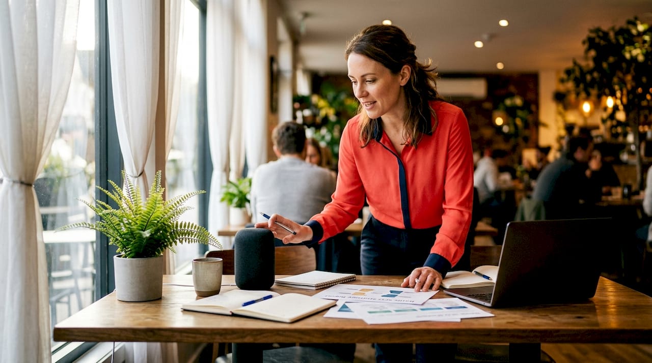 Woman using smart speaker while reviewing SEO report