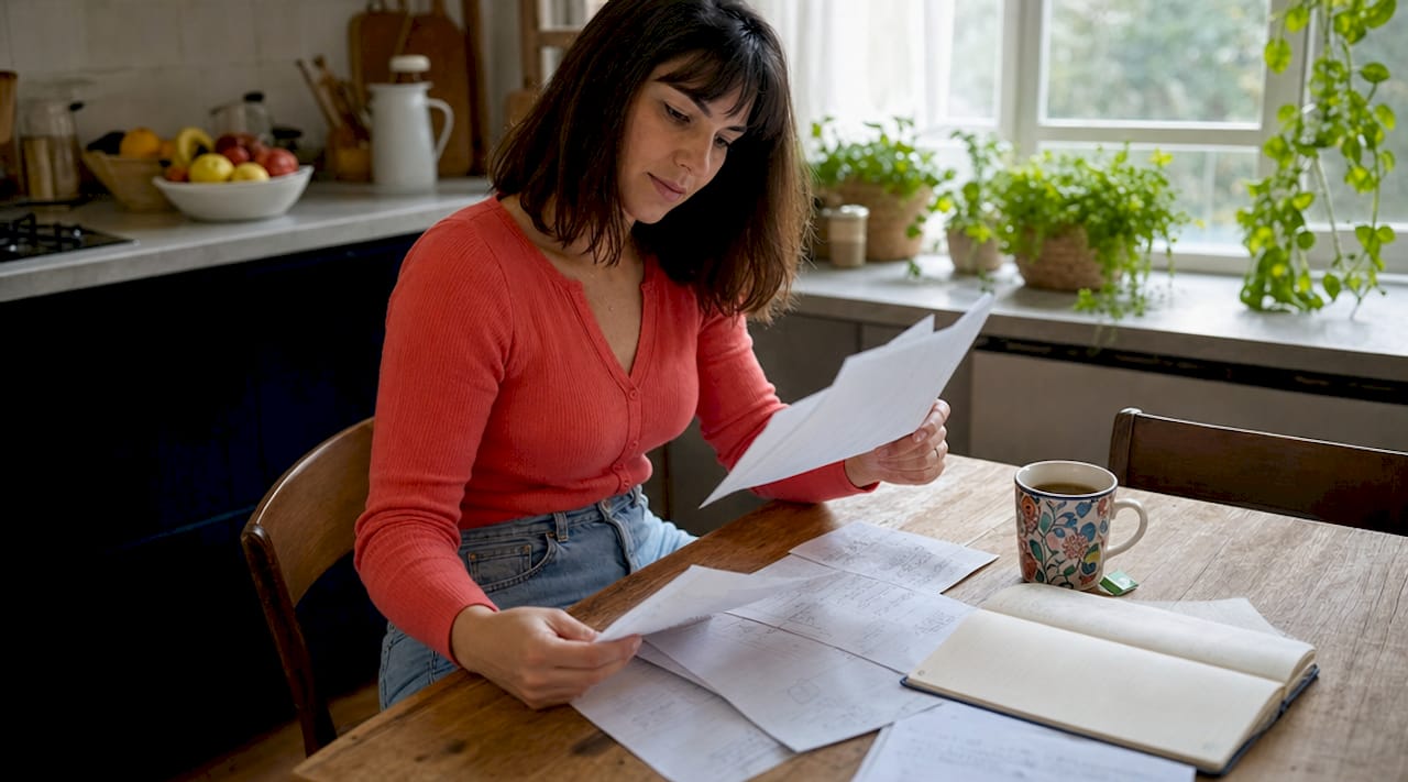 Content marketer organizing SEO strategy papers