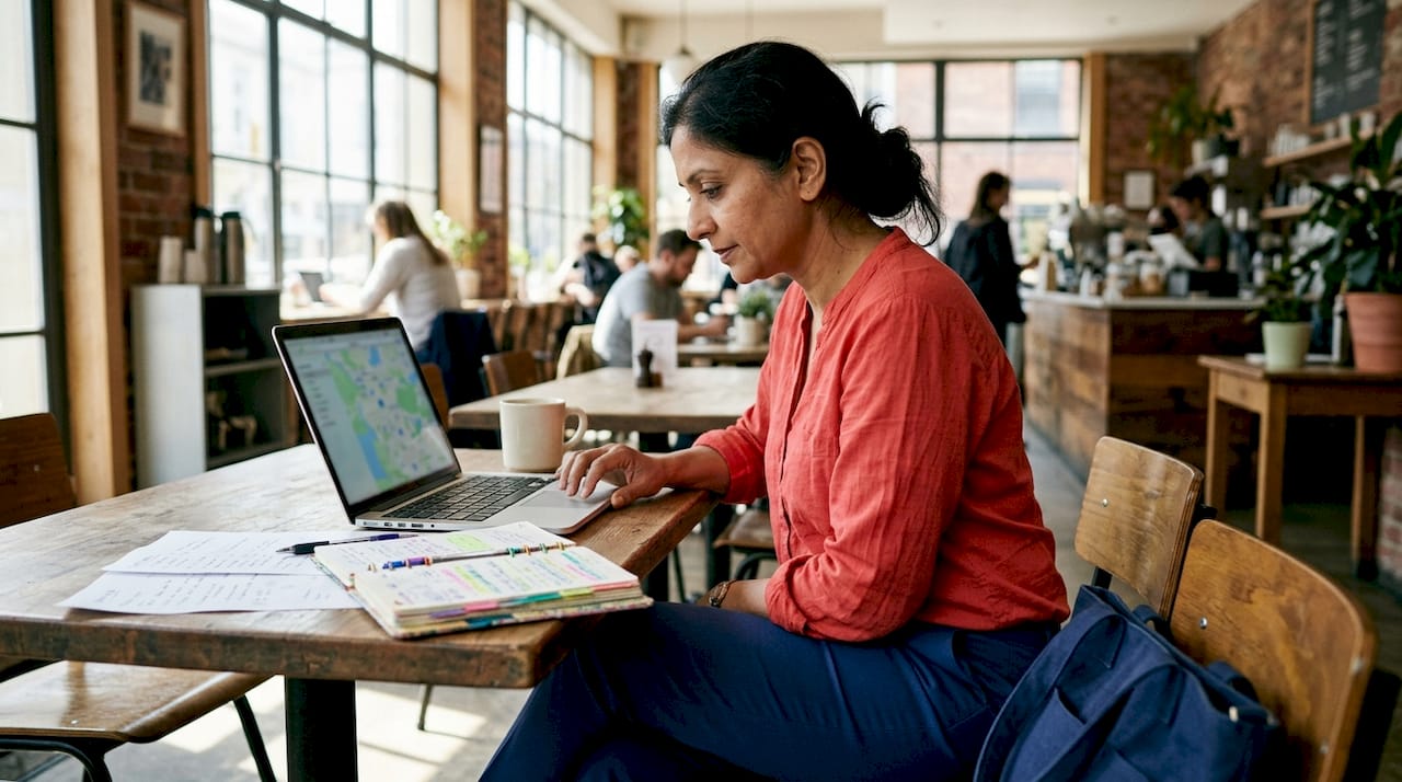 Woman optimizing Google Maps rankings on laptop