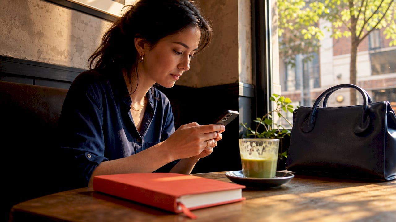 Woman using smartphone for local search in café