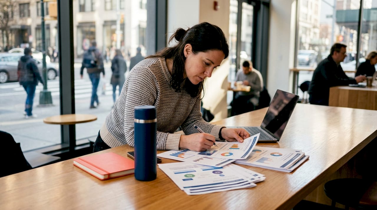 Marketer reviewing AI ranking reports at desk
