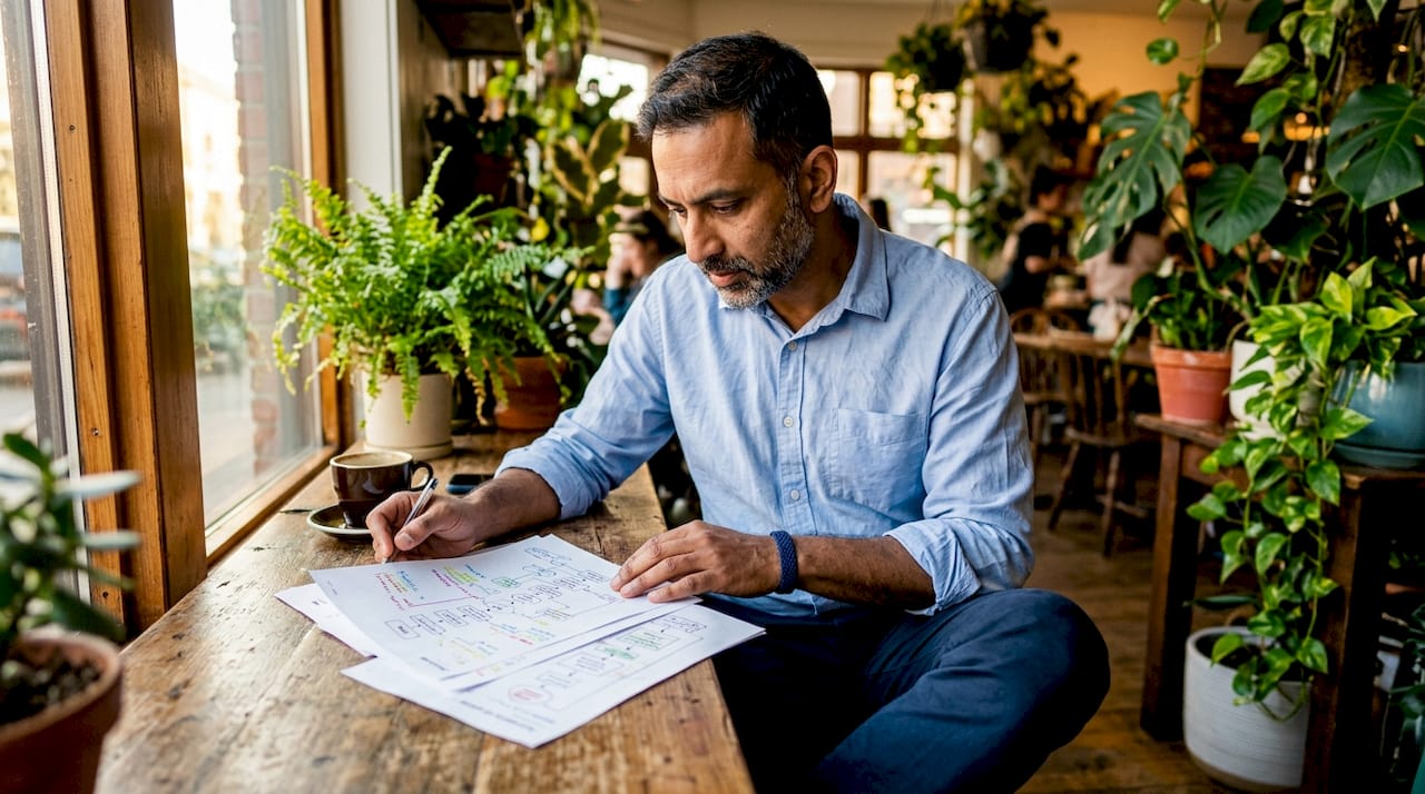 Person reviewing search algorithm flowcharts