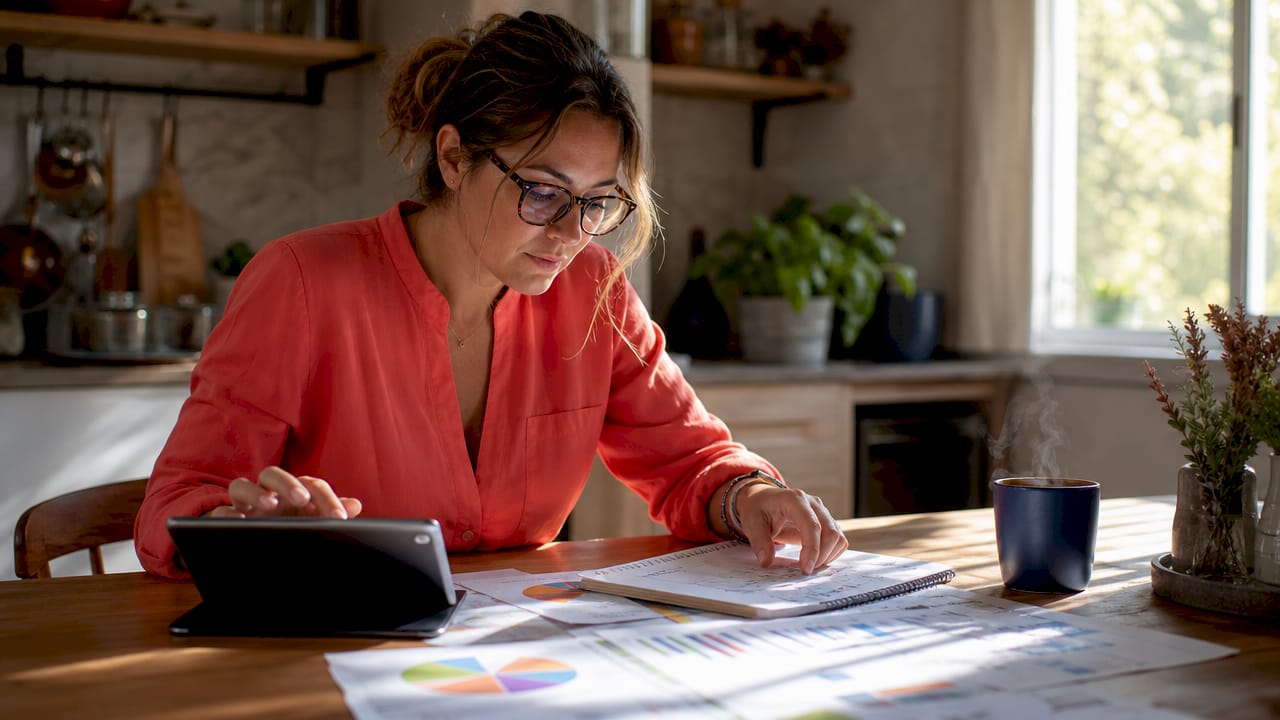 SEO analyst working at dual monitors in home office