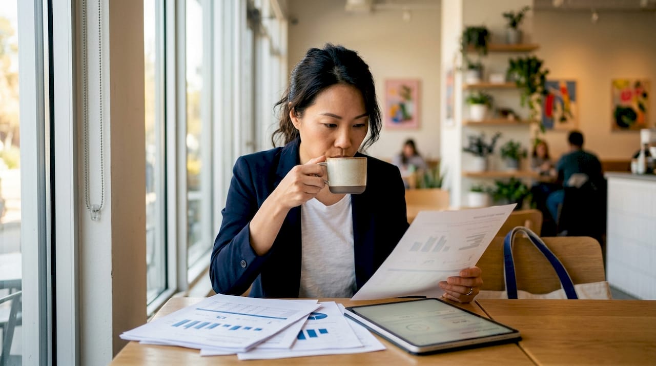 Woman analyzing search intent strategies in home office