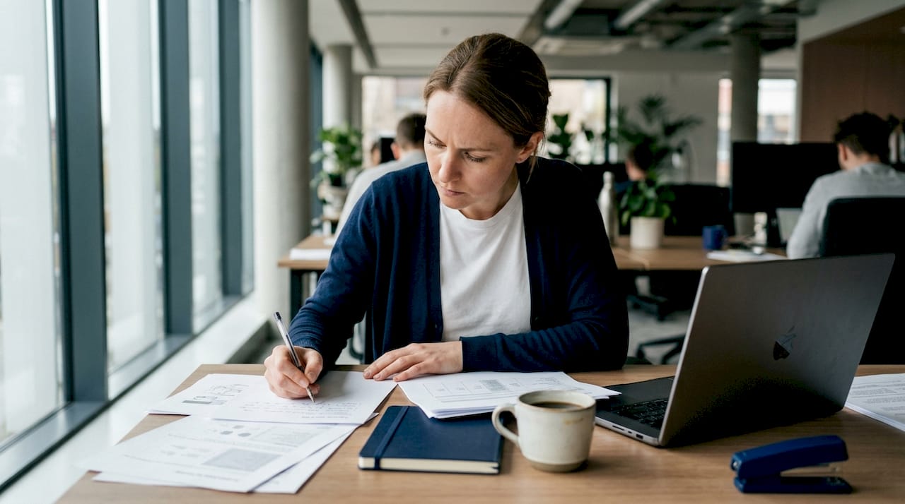 Business owner reviewing competitor profiles at home
