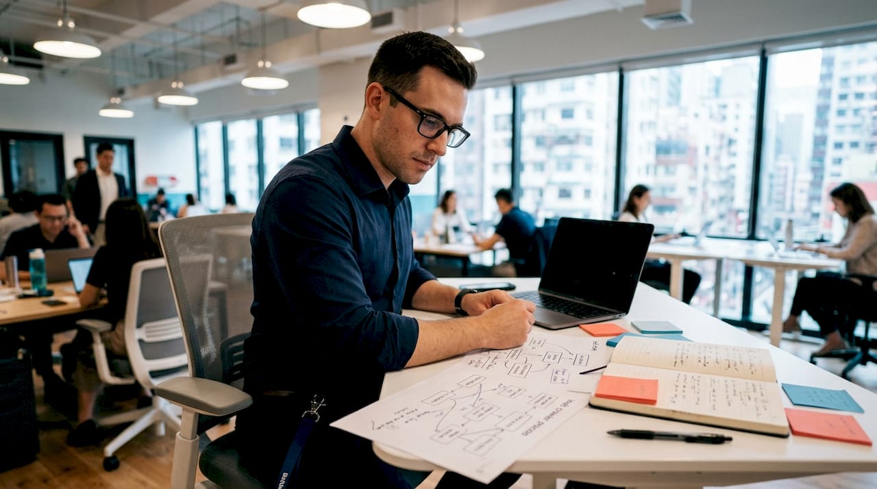 Marketing expert analyzing web crawler diagrams