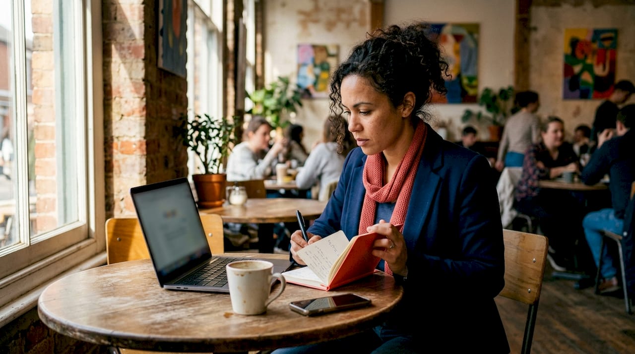 Business owner analyzing AI local search data at desk