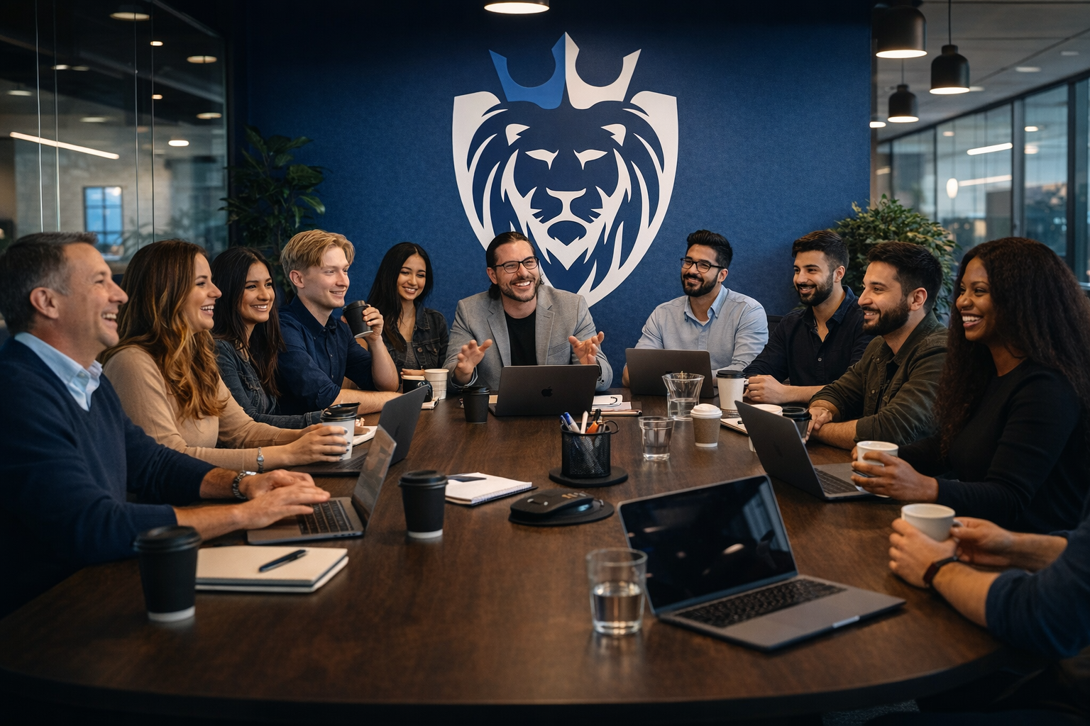 A group of people sit around a conference table with laptops and coffee, engaged in a meeting focused on competitor gap analysis. A lion logo is displayed on the wall behind them.